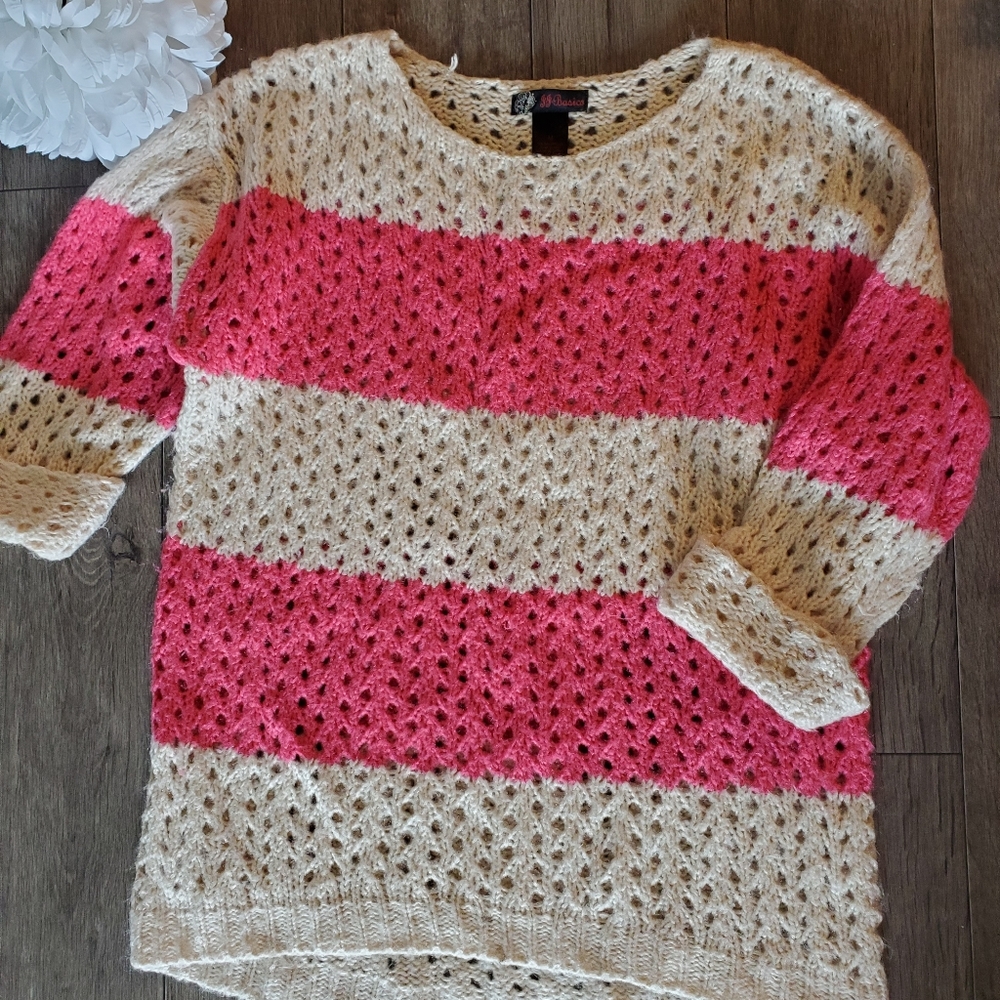 J. J. Basics Pink and Cream Knit Striped Sweater